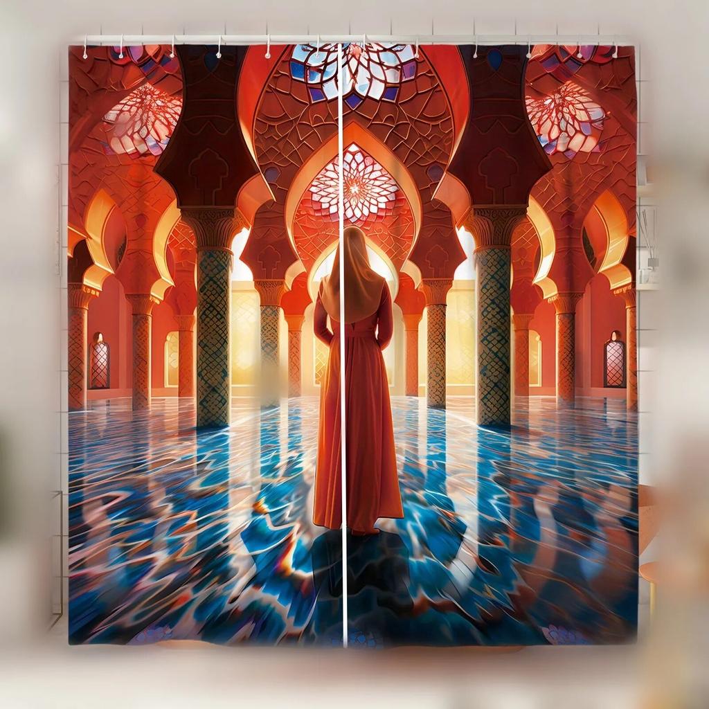 2pcs Translucent Polyester Window Curtain Ramadan Lamp Arch Moon Star Lantern Holiday Decor Living Room Bedroom Office Home