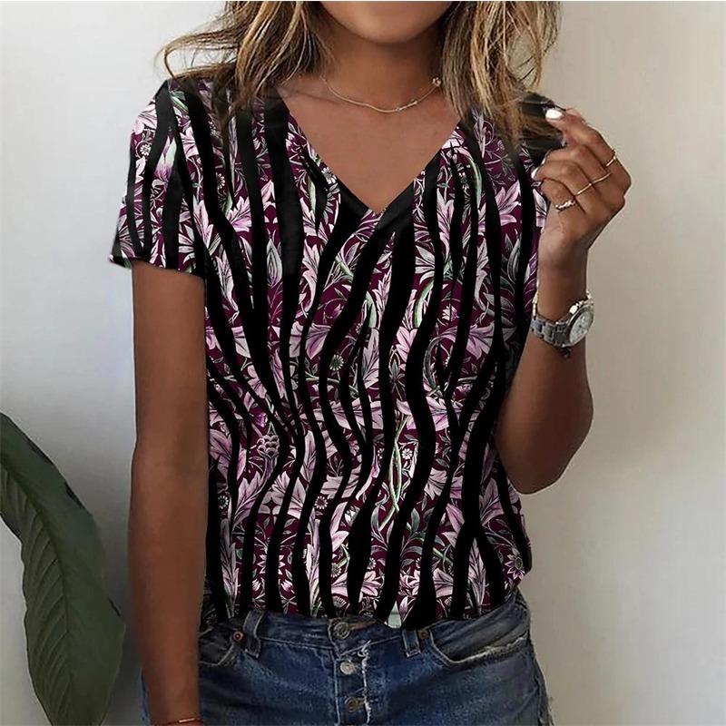 

3D printed striped pattern V-neck short sleeved top XS