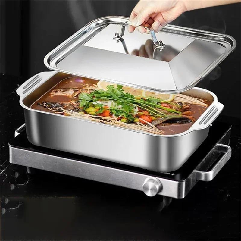 Stainless Steel Grilled Fish Tray BBQ Tray Rectangular Double Ears with Lid BBQ Non-stick Deep Baking Pan for Induction Cooker