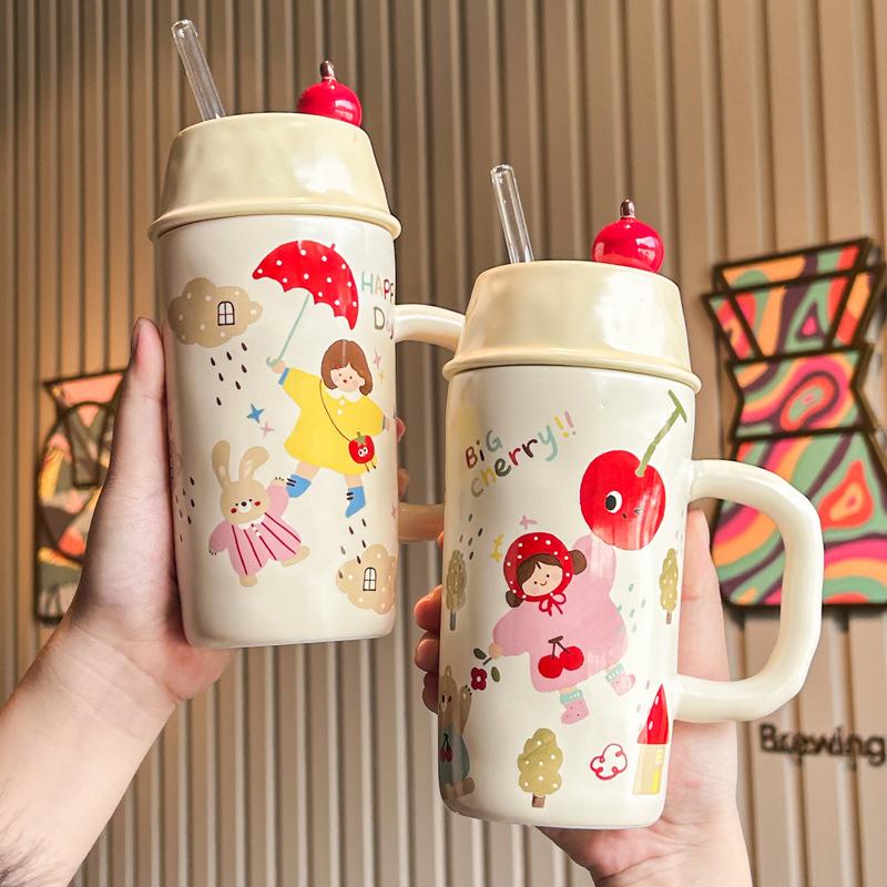 Roztomilý hrneček se slámkou Chlapci a dívky keramický hrnek vysoké hodnoty s víčkem dárek k narozeninám praktický suvenýr dárková krabička