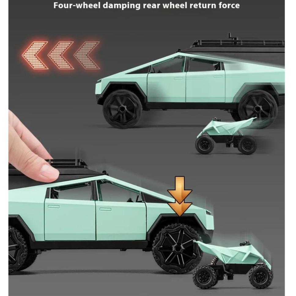 Tesla Cybertruck Camping Pickup mit Motorrad, SUV, Offroad-Modellauto aus Metall im Maßstab 1:24, Sammlerstück, Spielzeug für Kinder