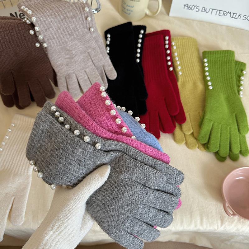 Korean Style Autumn/Winter Pearl Fingerless Touchscreen Wool Gloves for Women