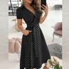 Fashion Women's Casual Lapel Printed Short Sleeve High Waist Dress Long