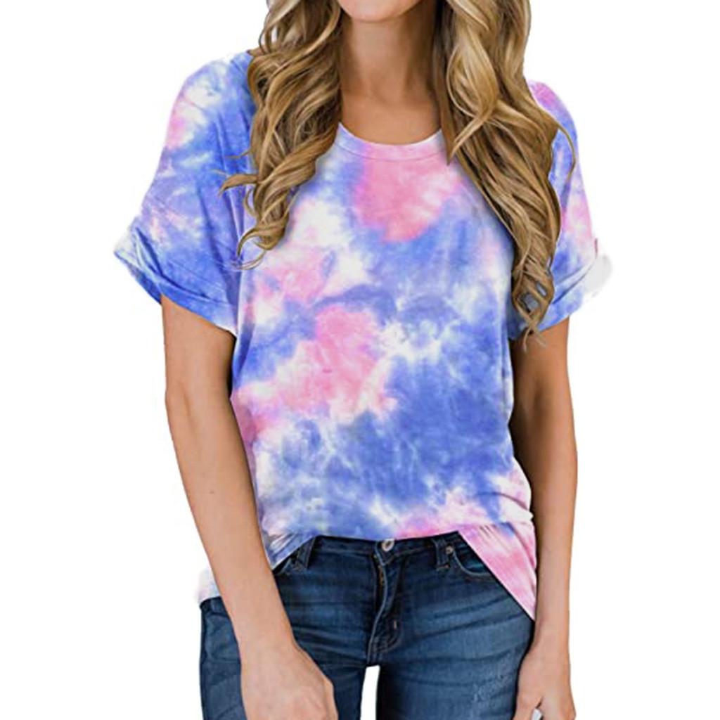 Kvinners rundhals kortermet Tie-Dye Print Uformell løs topp T-skjorte bluse