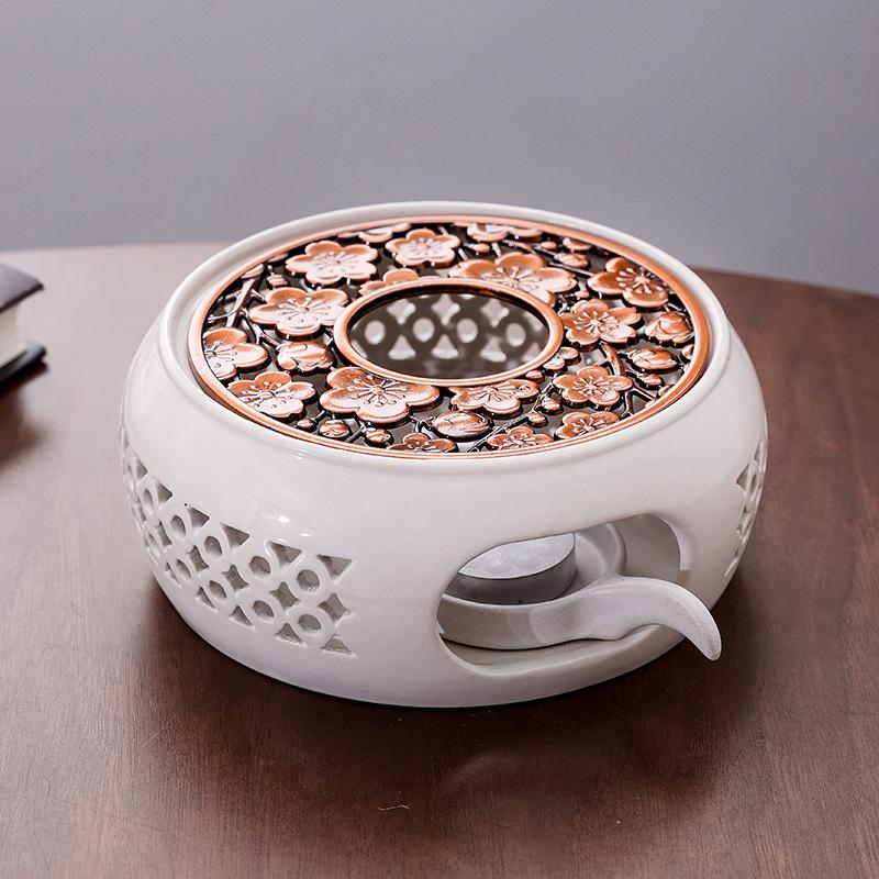 Japanese Style Ceramic Tea Warmer with Candle-Heated Insulated Glass Pot.