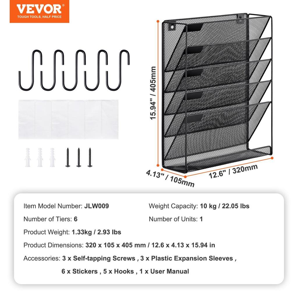 File Wall Rack, One-Piece 6 Pockets Mesh Wall File Holder, Wall Mounted Magazine Mail Paper & Document Storage Folder, Metal Wall File Organizer with