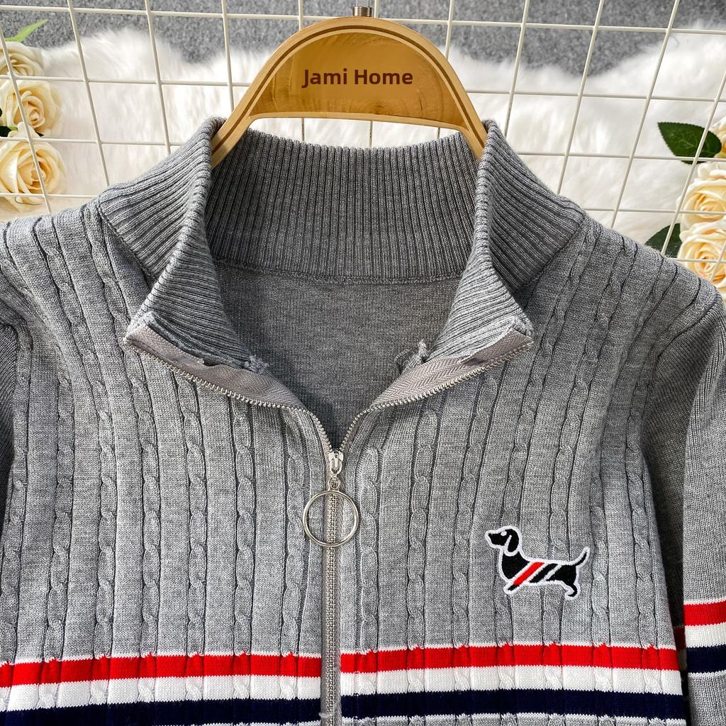 Faionable Knitted Embroidered Striped Set High Waist Wide Leg Pants Zipper Jaet for Women Autumn Season Casual Wear