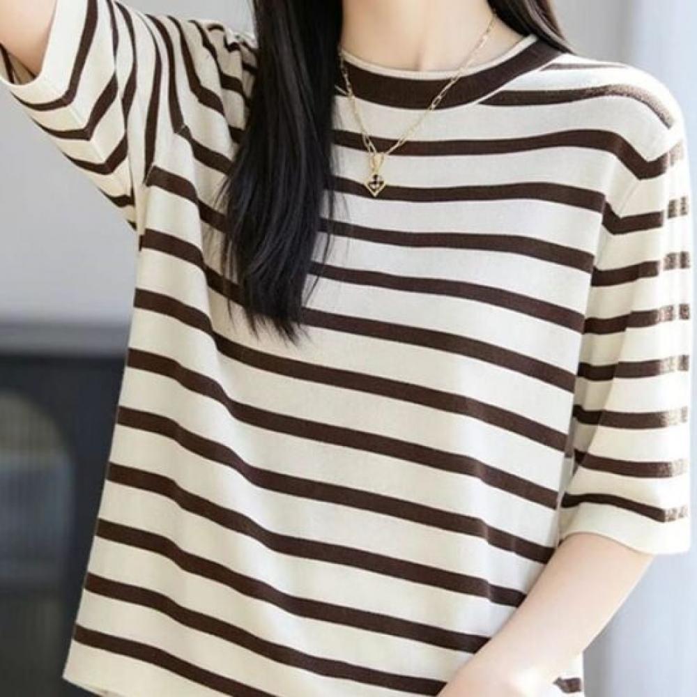 Navava Women Daily Loose Fit Ice Cool Striped Round Neck 5 Sleeve Knit Tee Nk372
