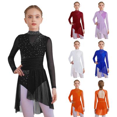 Girls Lyrical Dance Dress Mock Neck Long Sleeve Cutout Back Side Split Sheer Mesh Ruched Leotards