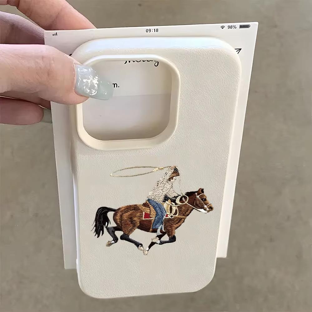 Vintage Cowboy Horse Embroidery Case For iPhone 17Air 16 15 14 13 12 11 Pro Max Plus Luxury Retro Shockproof Soft Leather Cover