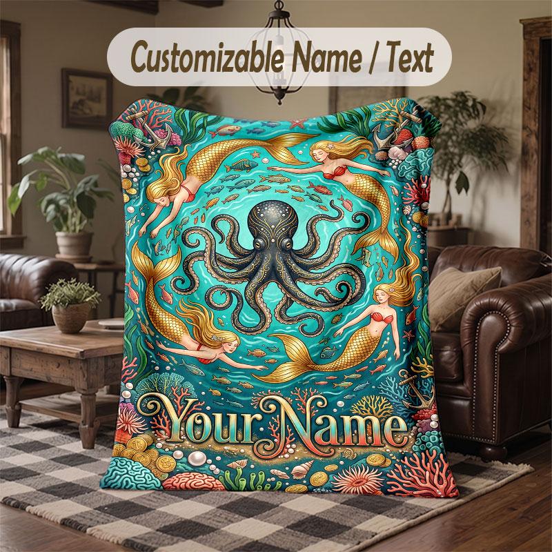 Mermaid Theme Throw Blanket Custom Name Text Personalized Blanket Soft Cozy Blanket for Home Sofa Bed
