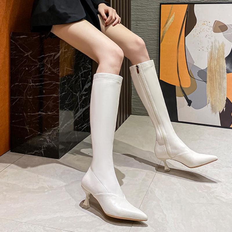 Nya Dam Svart Vit Faux Läder Stövlar Kvinnliga Spetsiga Tå Stilettklackar Knähöga Stövlar Riddarstövlar Botas De Mujer