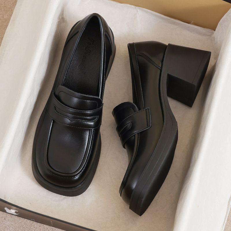 Small leather shoes women's new spring and autumn monsoon black work with skirt high heel thick sole