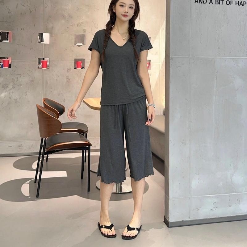 Plus Size M To 6XL Modal Casual Pajamas Sets V-Neck Sleeves Tshirts with Drawstring Ruffle Trim Cropped Pants High Waist Loose Fit Lounge Sets
