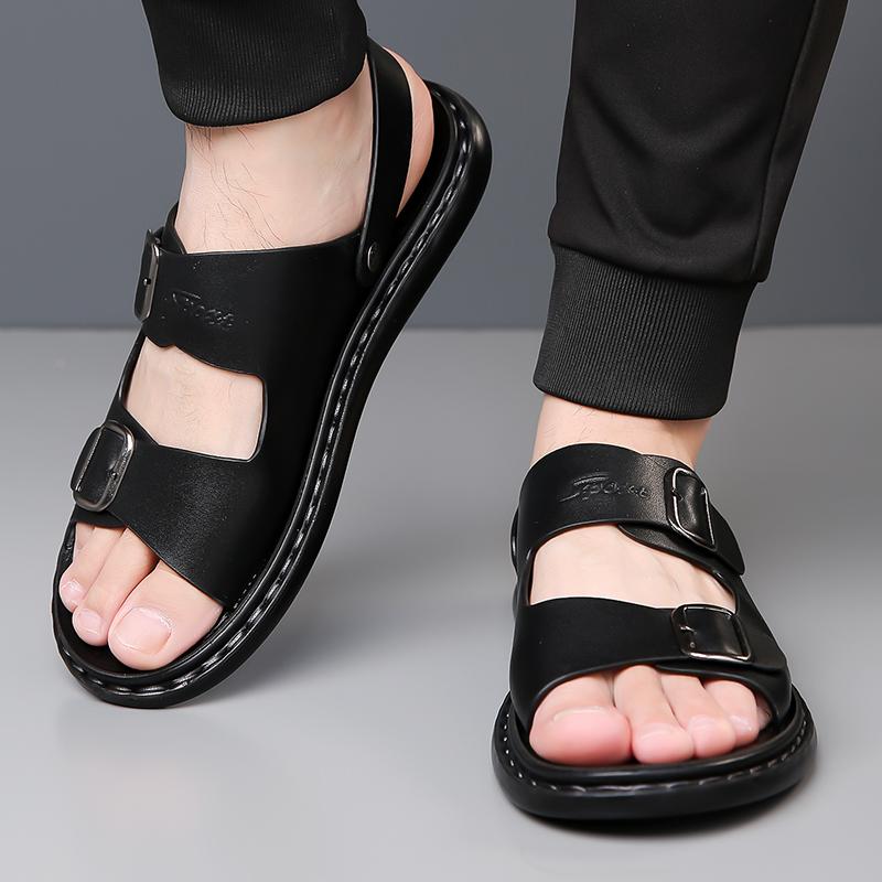 Fashion High Quality Men Comfortable Soft Sole Two-layer Leather Buckle Slippers Fashionable Summer New Outdoor Anti Slip Water Sandals