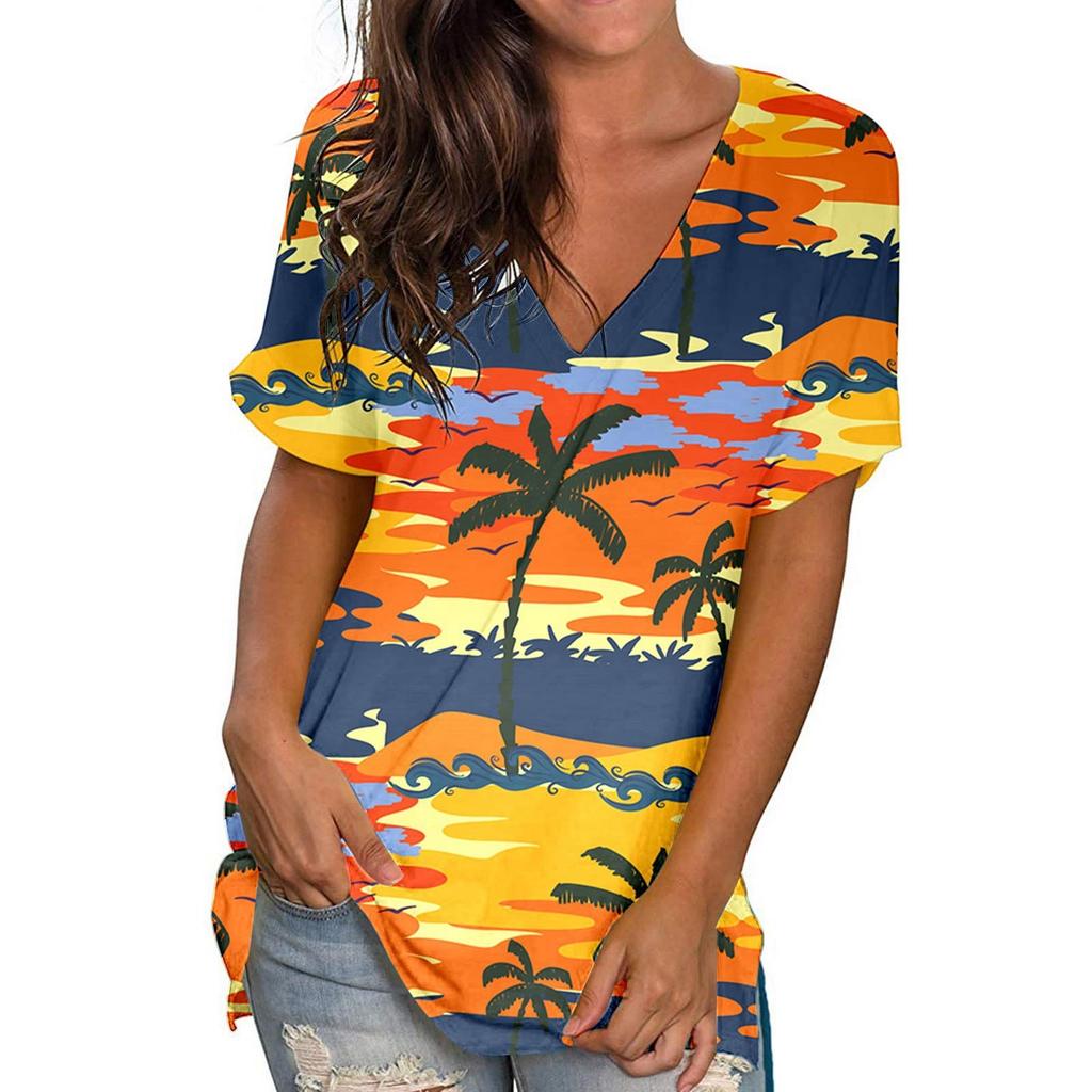 Summer V-neck 3D Coconut Tree Flowers Printed Top Fashionable Casual Short Sleeved Women's T-shirts