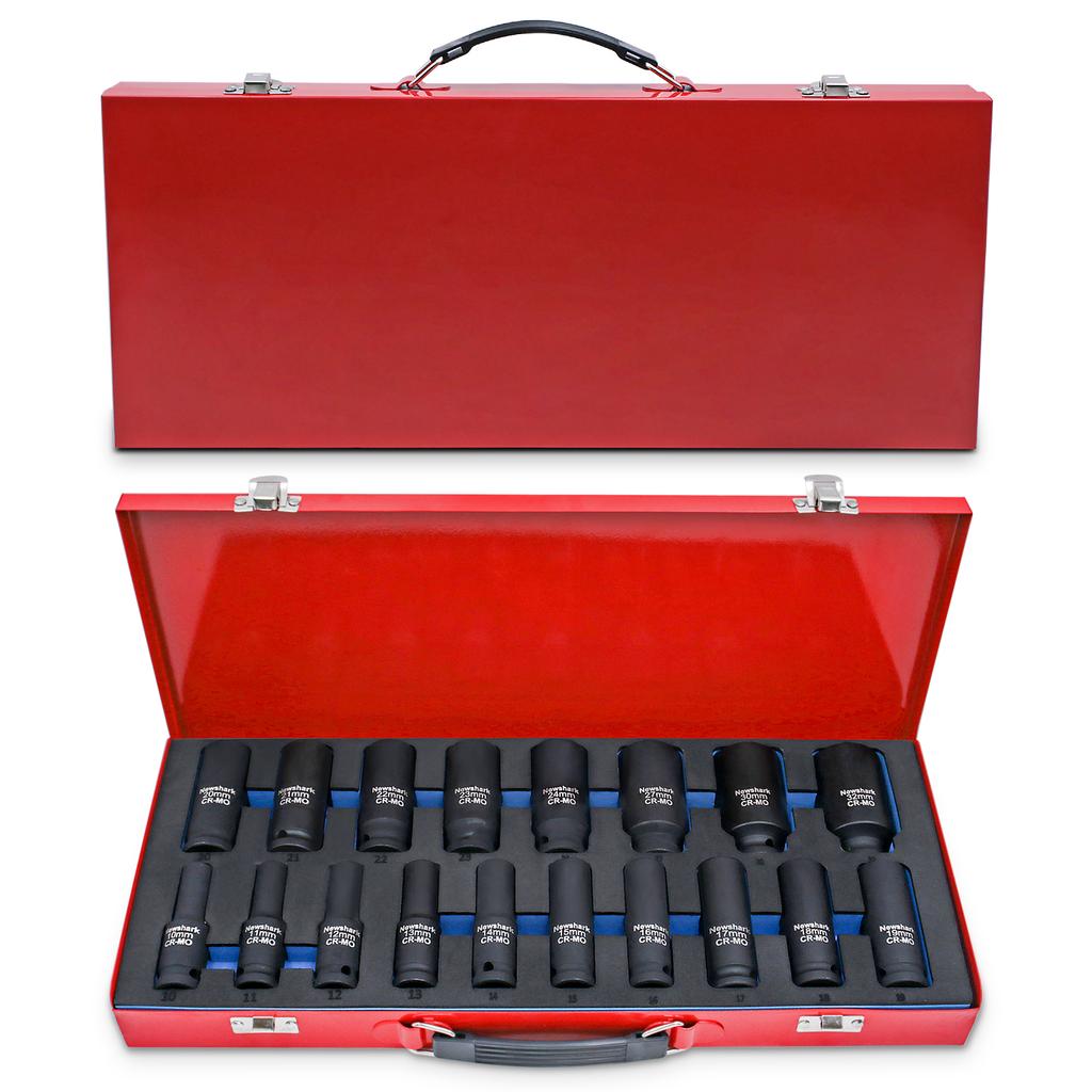 18pcs Socket Set, 1/2 Inch Drive Metric Deep Impact Impacted Sockets 6 Sided, 10mm-32mm