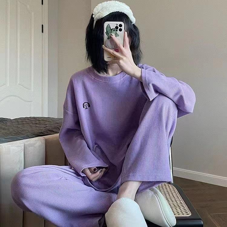 Sleepwear Loungewear Women Autumn and Winter Waffle Pajamas Ladies Long Sleeve Nightwear Homewear Two Piece Set