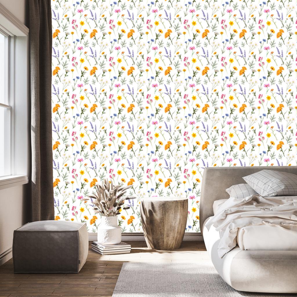 Wild Flowers Wallpaper White and Light Gray for Living Room and Bedroom 50x1000