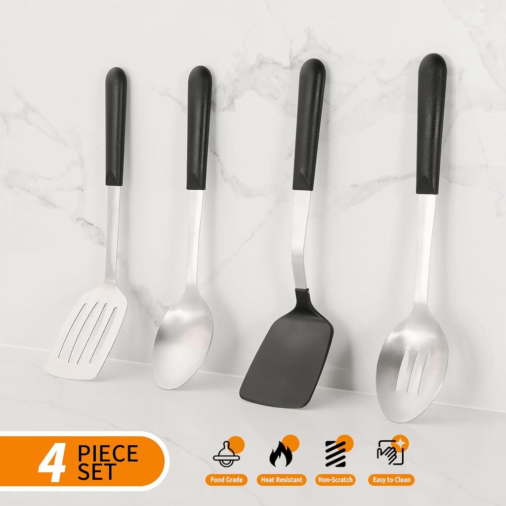 Stainless Steel Cooking Utensils Set, 4-piece Kitchen Utensil Set with PP Handles, Dishwasher Safe, Non-Stick and Heat Resistant, Spoons, Spatula for
