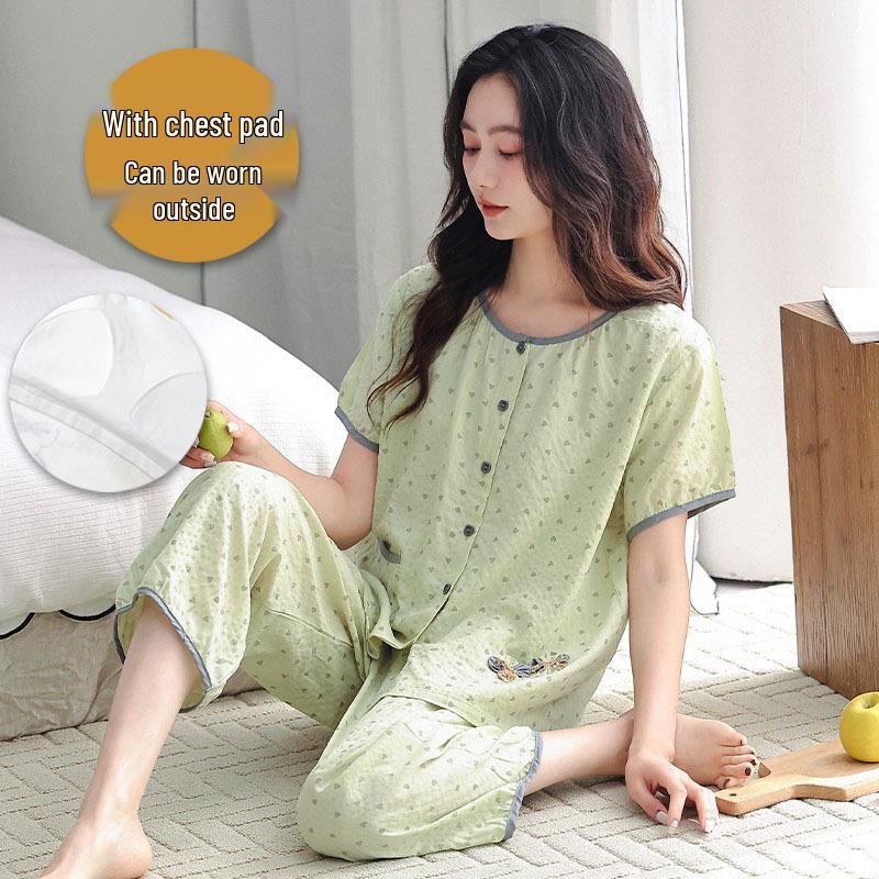 Women's Pajama Set with Chest Pads: Seven-Sleeve Cardigan & Nine-Point Pants for Spring, Autumn & Summer