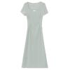 Elegant Green Square Neck Tea Break Dress: Short-Sleeved, Waist-Cinching, High-Class Summer Arrival