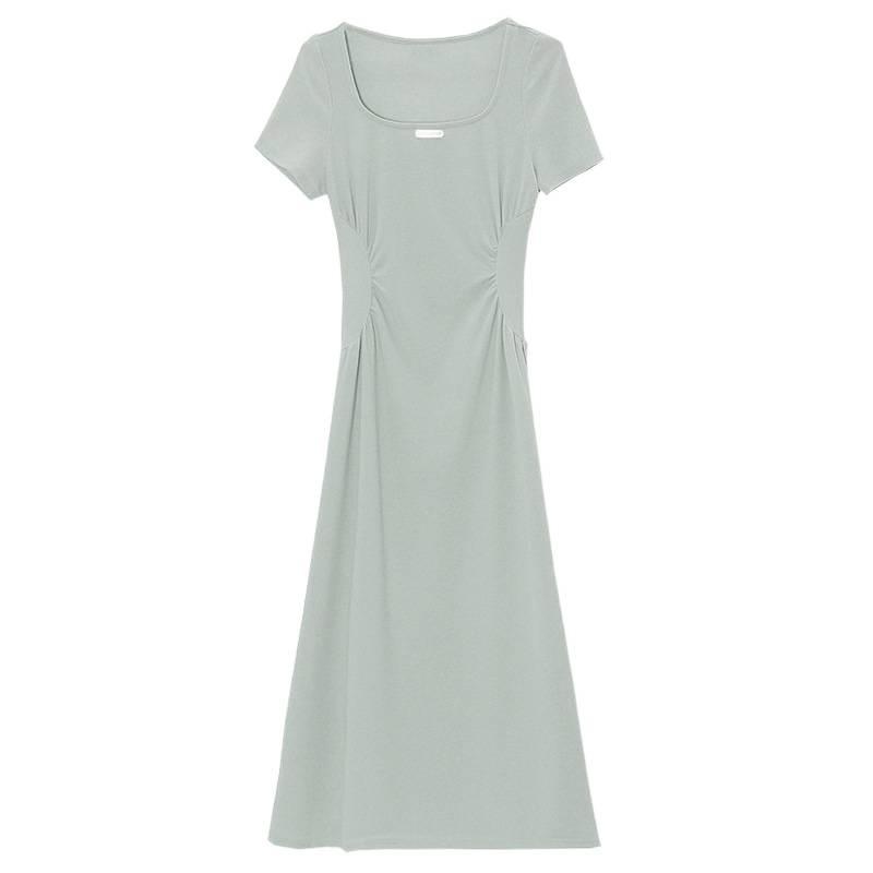Elegant Green Square Neck Tea Break Dress: Short-Sleeved, Waist-Cinching, High-Class Summer Arrival