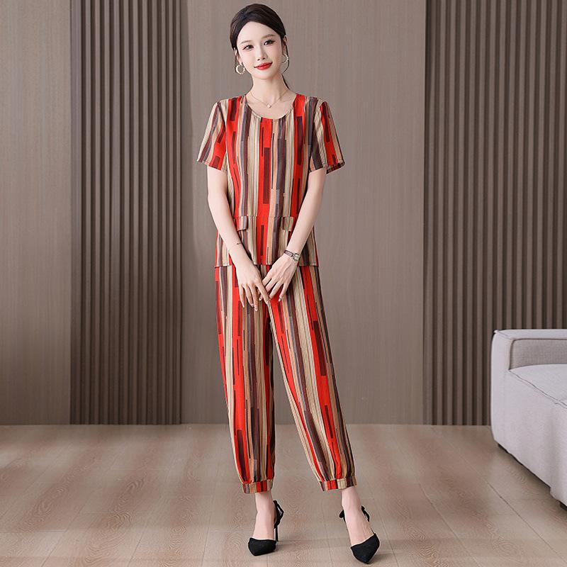 Mother's Summer Two-piece Cotton Silk Pajama Set - Short Sleeve for Women, Wear Indoors or Outside