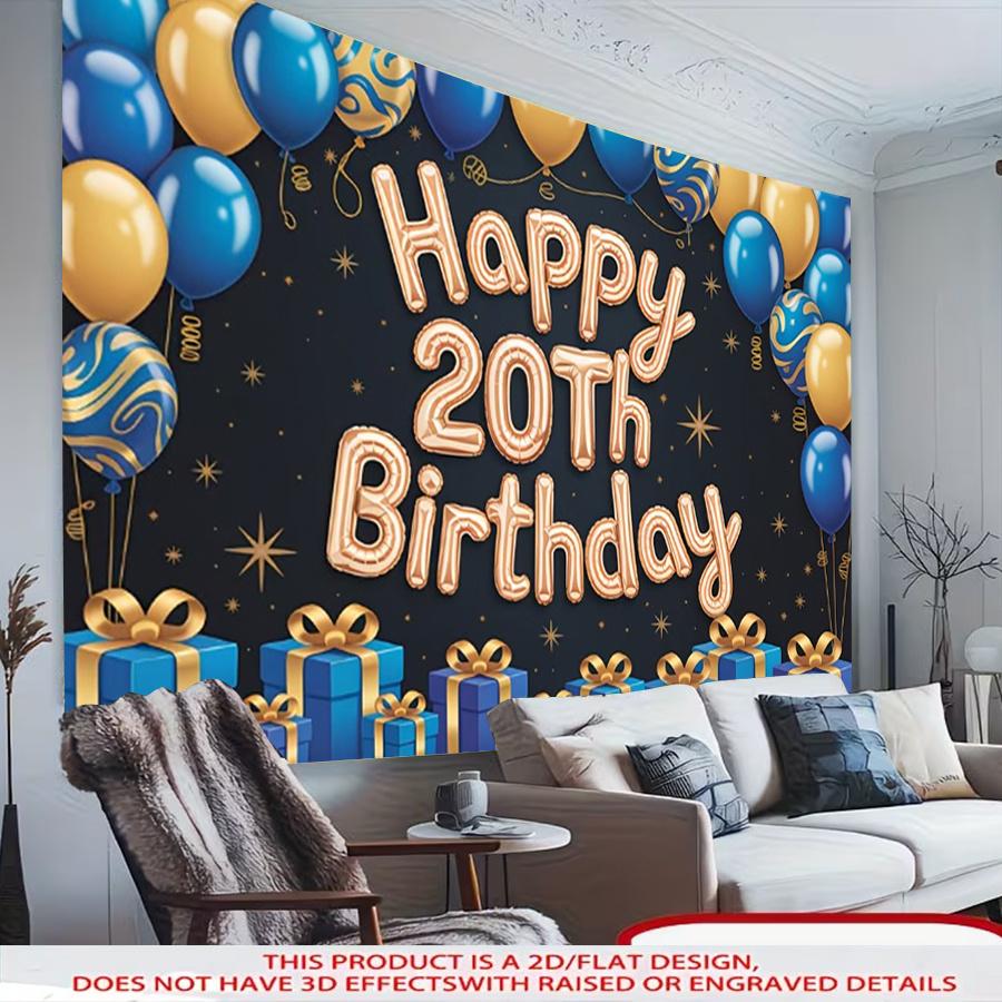 1pc 2D 20th Birthday Theme Banner Black Gold Balloons Gift Box Pattern Decorative Banner For Living Room Bedroom Garden Scene Decor Clear