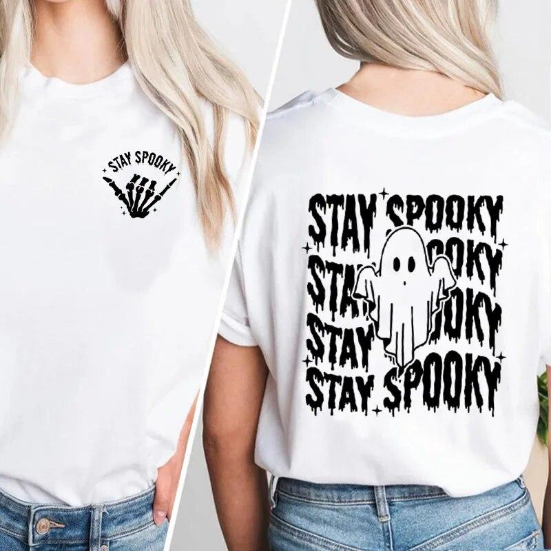 

Футболки с изображением скелета Stay Spooky, футболка с призраком на Хэллоуин, хлопковые футболки с короткими рукавами и рисунком, женская одежда больших размеров, уличная одежда унисекс 4XL