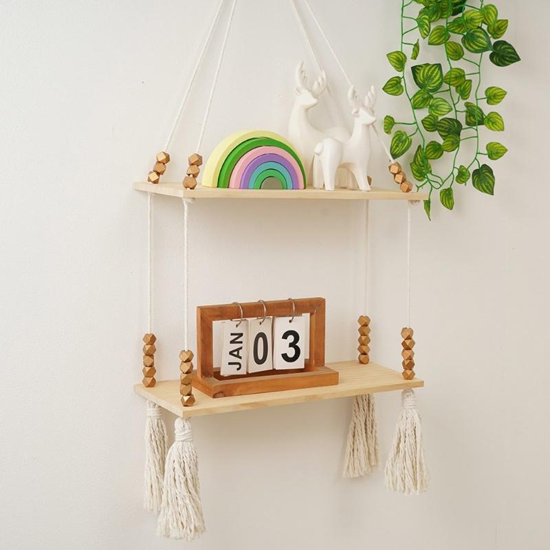 Unique Decorative Floating Tassels Shelf Wood Wall Mounted Storage Rack for Living Room Stylish Bedroom Organizer