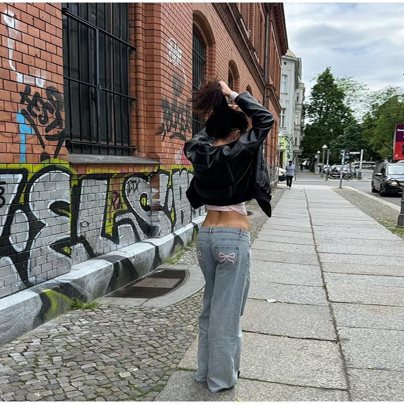 Jeans mit Schleife und Stickerei für Damen, hohe Qualität, hohe Taille, breite Beinhose, Y2k Vintage, gerade, 2025 Frühling, Sommer, einfarbige Hose