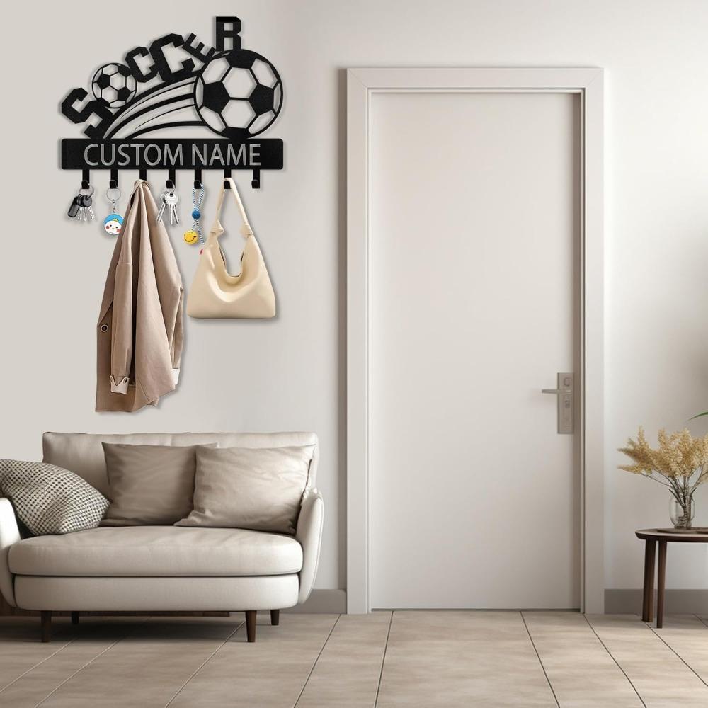 Metal Key Holder Wall Rack Soccer Theme Personalized Name Hook Entryway Decor Organizer