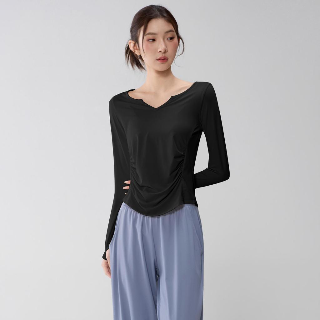 Women's V-Neck Yoga Suit: Loose, Quick-Dry, Long Sleeve for Casual Sports and Pilates Training
