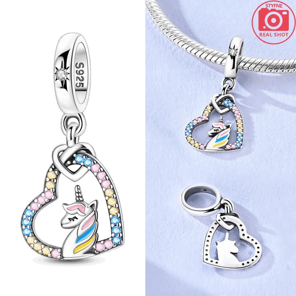Pink Zircon Heart Colorful Unicorn Blue Moon Copper Charm Beads Fit Bracelet Jewelry Diy Women Accessory Gift