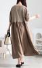 Gold Japan Plus Size Perfect for and Size Beige Fem-586 Women's Dress, Long, V-Neck, Docking, 5/8 Sleeves, Flared, Summer, Autumn, Spring, LL,