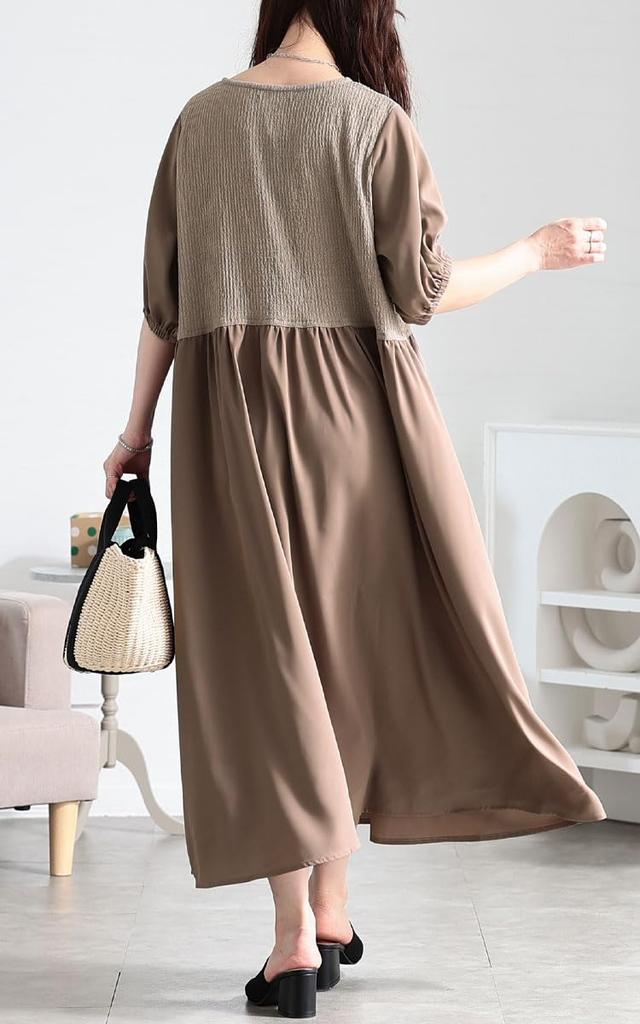 Gold Japan Plus Size Perfect for and Size Beige Fem-586 Women's Dress, Long, V-Neck, Docking, 5/8 Sleeves, Flared, Summer, Autumn, Spring, LL,