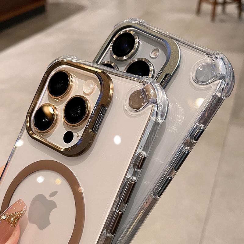 Luxury Transparent Case For iPhone 17 Air 16 15 14 13 12 Pro Max Plus 16Pro Magsafe Wireless Charge Clear Cover &Stand Holder