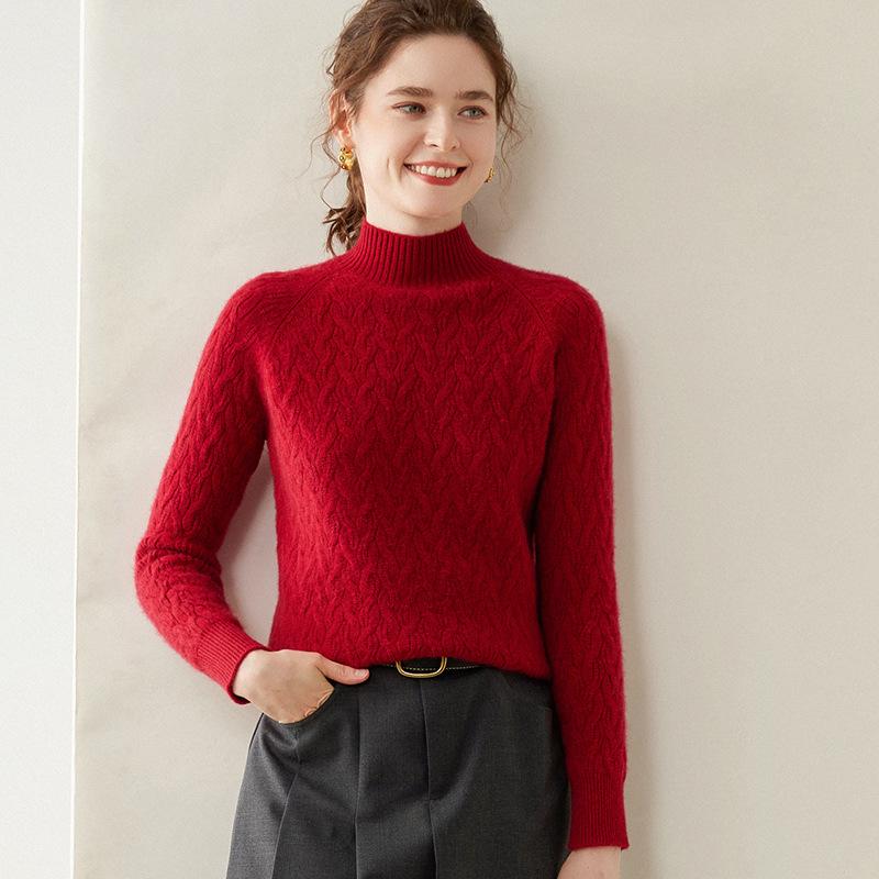 Women's Cable Knit Half-High Neck Cashmere Sweater - Loose, Thick, Warm Base Layer