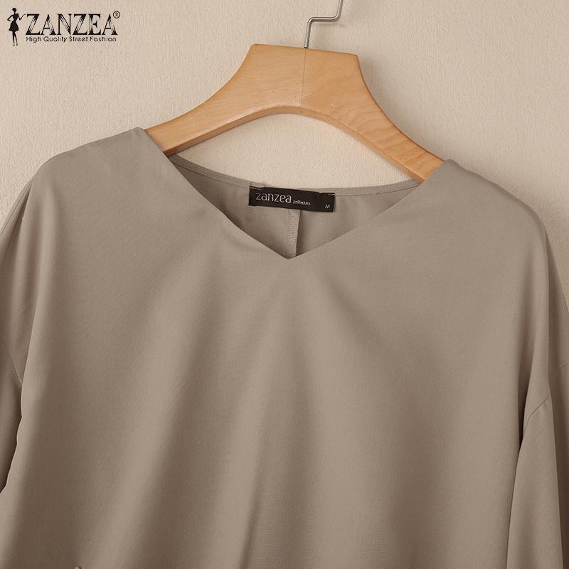 ZANZEA Women Casual V-neck Solid Color 3/4 Loose Blouse