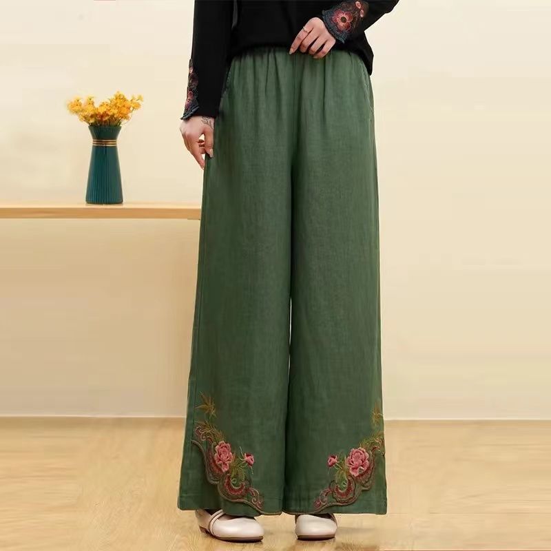 Retro Chinesischer Stil Lockere Bestickte Weitbeinige Hose für Damen Hohe Taille Freizeithose Gerades Bein Hose für Damen