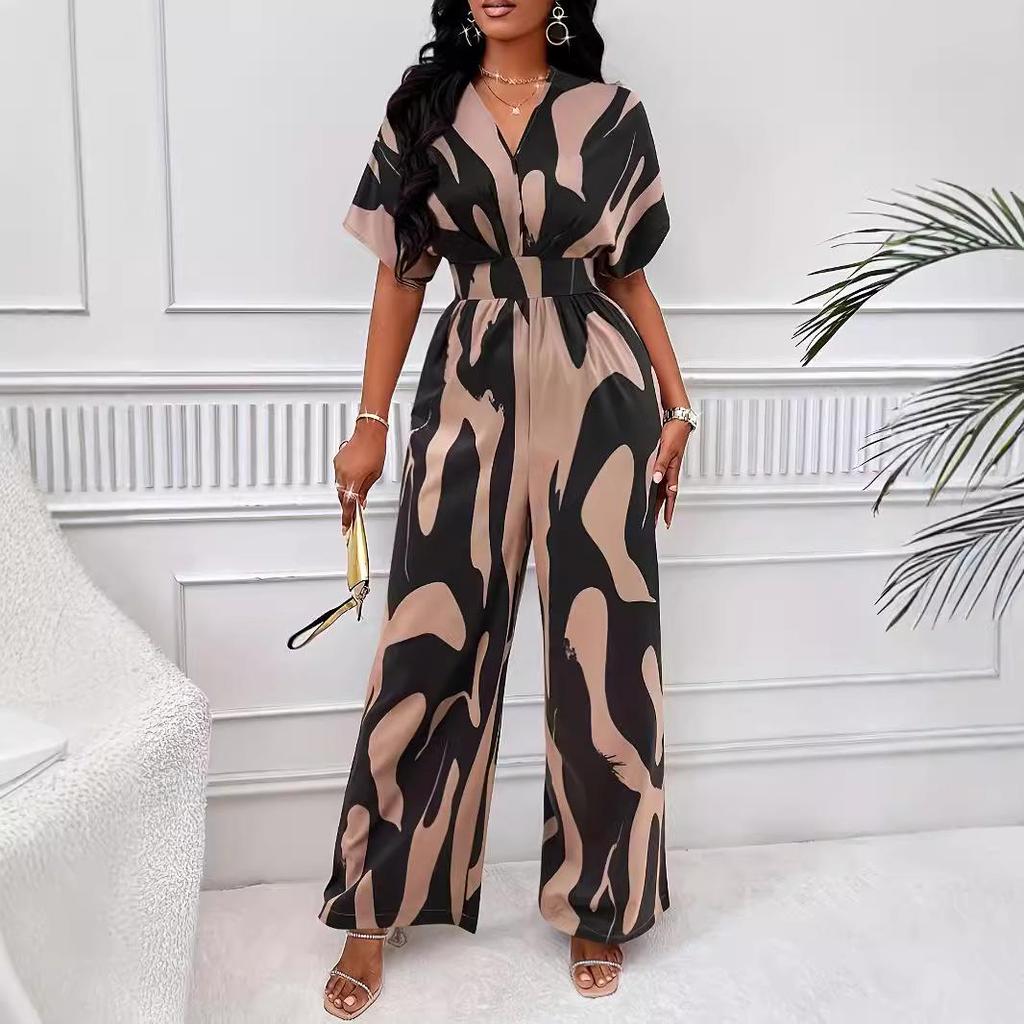 Spring/Summer Women's All-over Print Batwing Sleeve Wide-Leg Jumpsuit