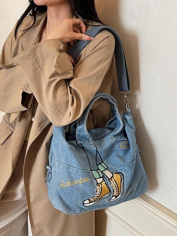 Korean Style Color Block Embroidery Denim Bag - Versatile Large Capacity Shoulder & Crossbody Bag