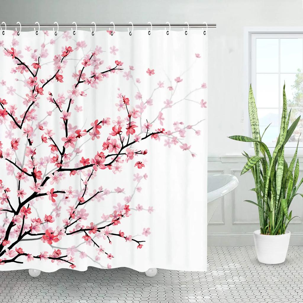 Pink Sakura Flowers Shower Curtains Japanese Cherry Blossoms Trees Floral Rustic Garden Landscape Fabric Print Bathroom Decor