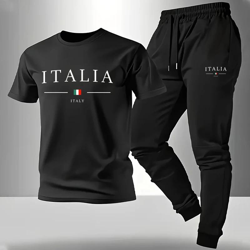 Home Outdoor Comfort Casual Tees Outfit Men's Set T-shirt and Sweatpants Italy Print Summer Short Sleeve Tracksuit