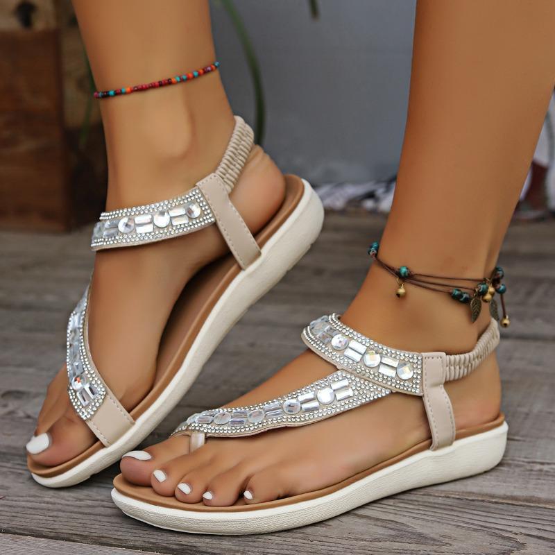 Sandals Women's Fashion Casual Flat Small Wedge Rhinestone Chain Handmade Women's Sandals