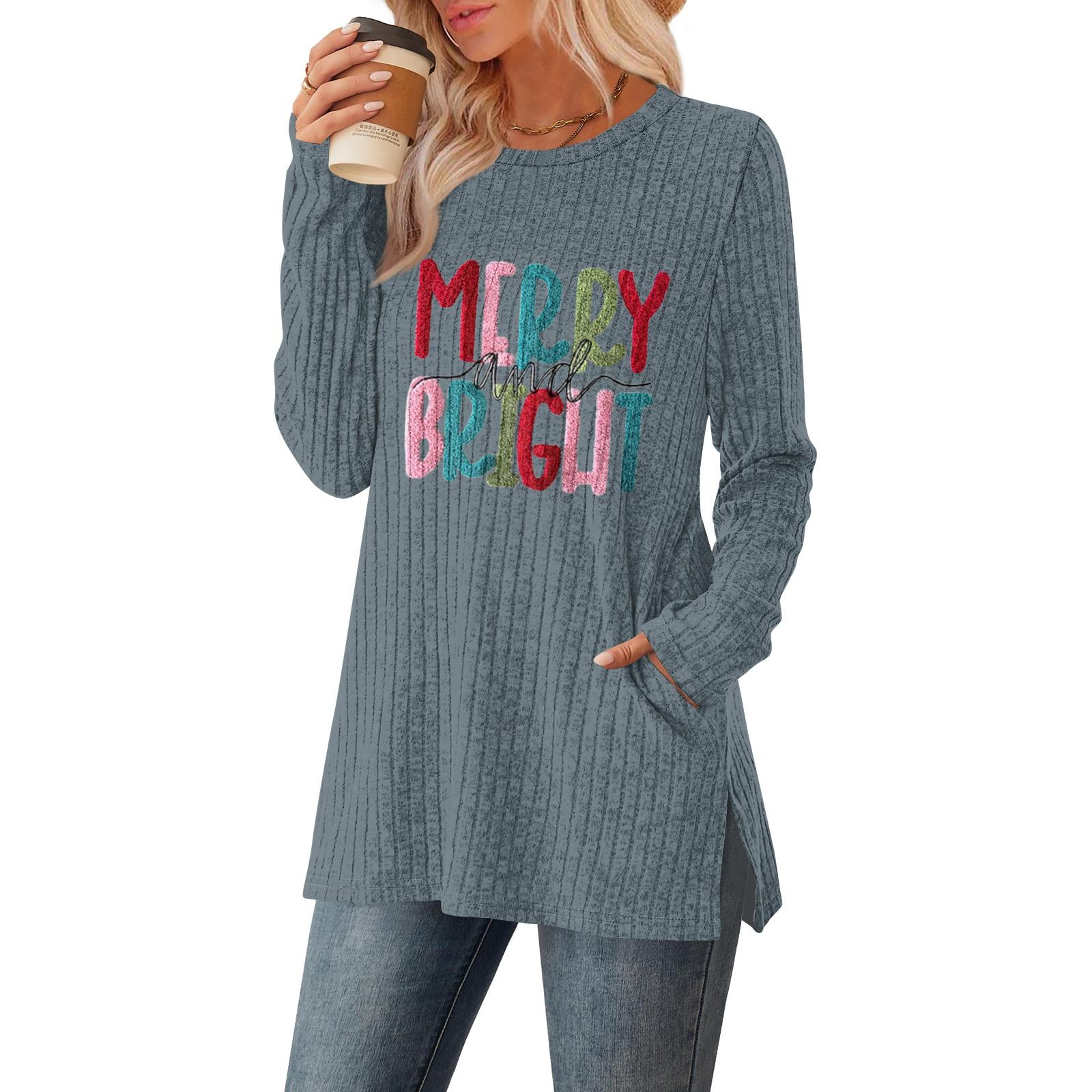 

Women s Christmas Printed Round-neck Long-sleeved Top With Pockets And Side Slits XL