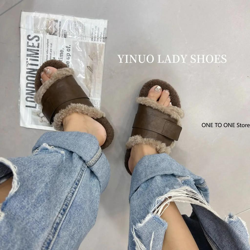 Fashion 2024 Women Shoes Slippers Flat Med Slides Cover Toe Platform Fur Flip Flops Flock Plush Leather Rubber Rome PU with Fur Short