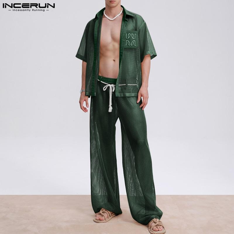 

INCERUN Men Two-piece Short Sleeve Patchwork Tops Drawstring Elastic Waist Pants Mesh Sheer Sets 5XL зелений