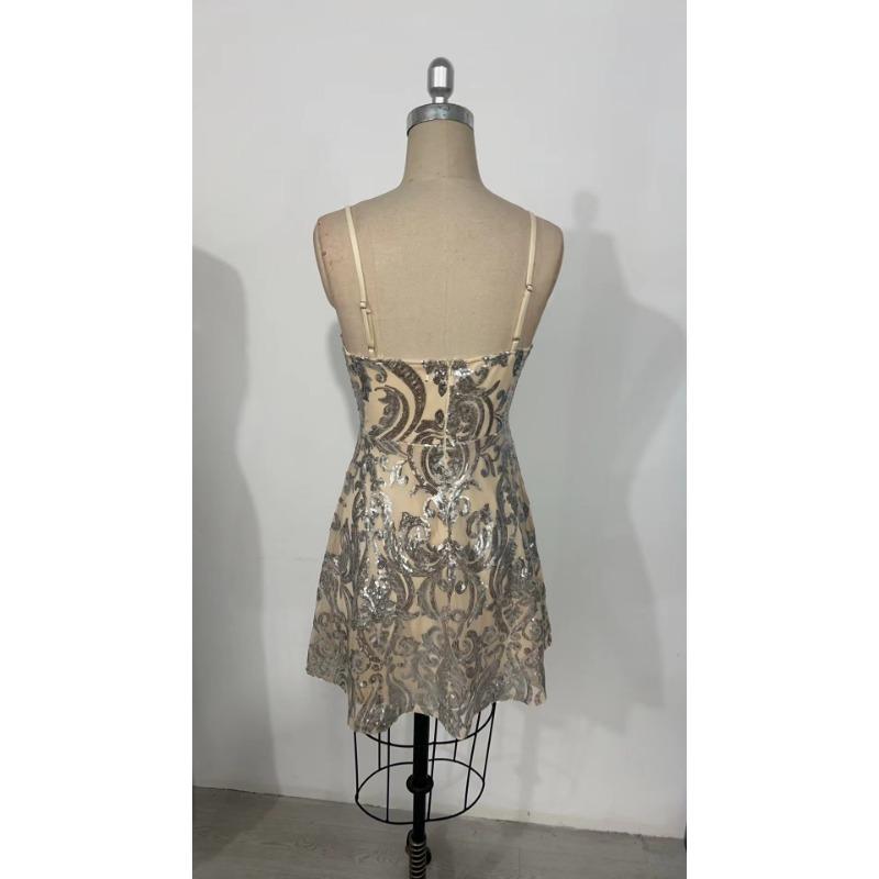Women Sexy Sequined Spaghetti Strap V Neck Short A Line Formal Party Dress